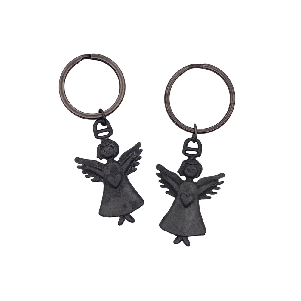 Vintage Pewter Angel Keychains Set of 2 Heart Guardian Angel Charms Gray Metal